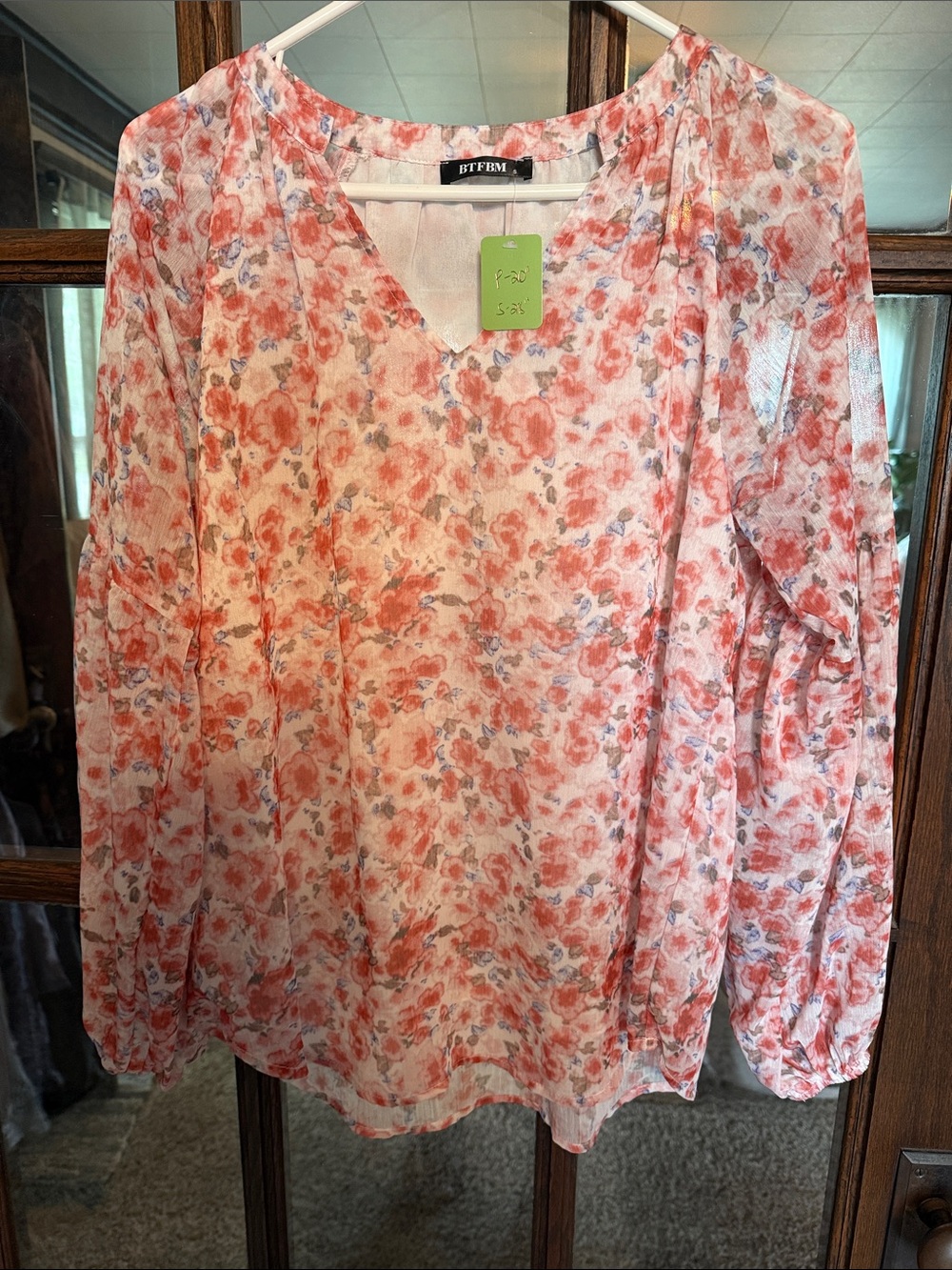 Coral-Pink Floral V-Neck Sheer Blouse